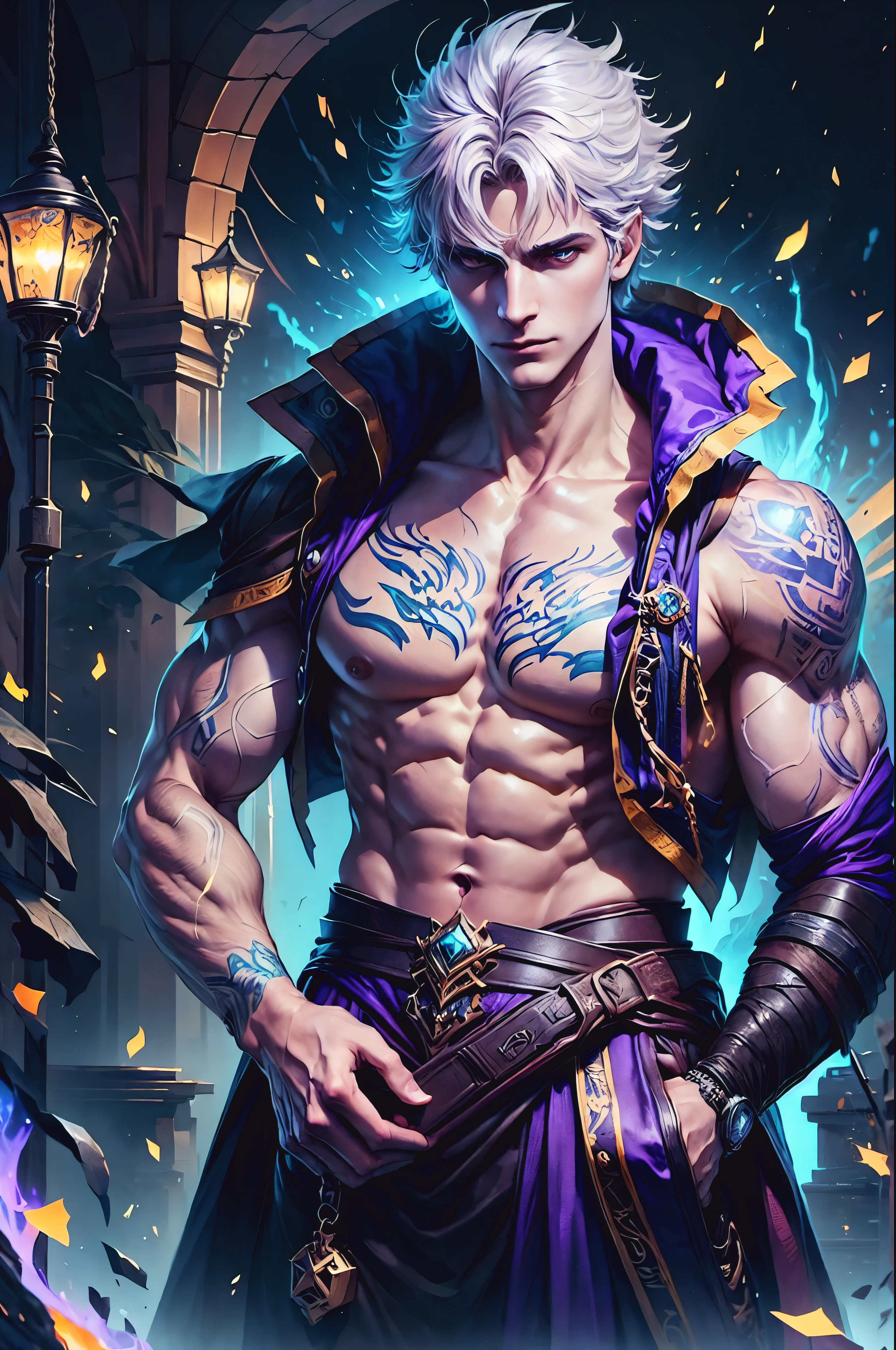 cartaz dos homens, corpo fitness, estilo cartaz filme oppenheimer, com chamas ao redor, with steel blue and purple waves of electricity in hands in laboratory, face is covered by altamente detalhado, vibrante color, Alto detalhe. detalhes fractais, profundidade de campo, TRIBUNAL, Hall da Fama, vibrante, Approximate sketch|centrado| chave visual| Perfect dynamic composition| altamente detalhado|, obra de arte, ultra definition, messy white hair, bright aquamarine eyes, most tattoos on arms and face