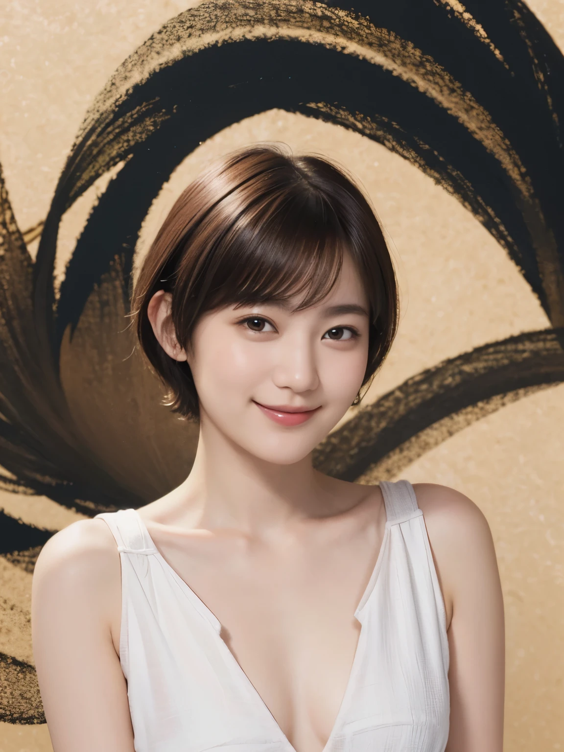 179 Short hair, 20 year old female, gentle smile, (abstract background:1.46), (chest:1.2)