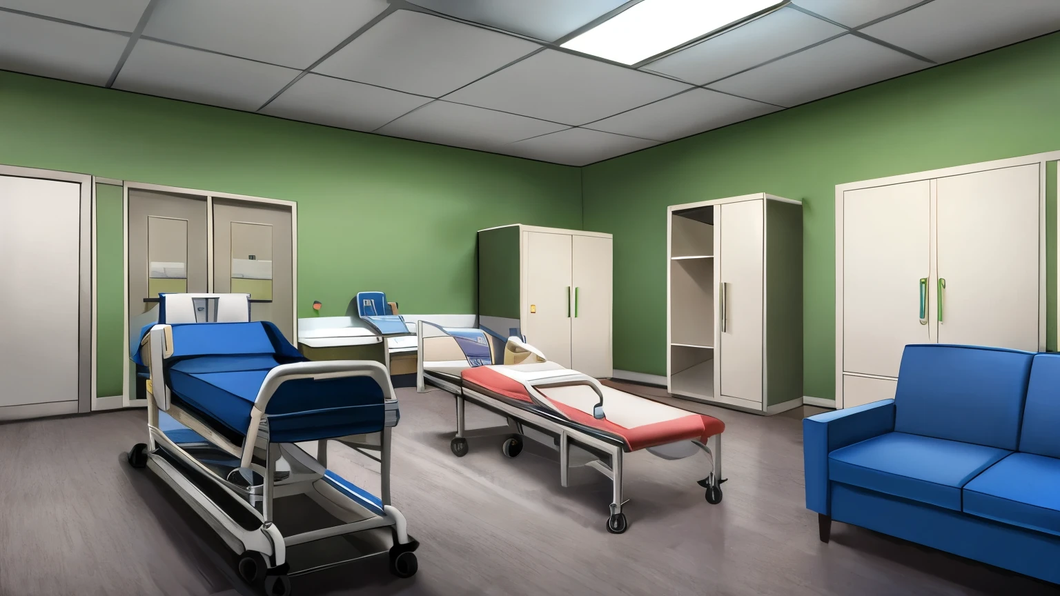 nursing room,hospital, living room, hospital stretchers