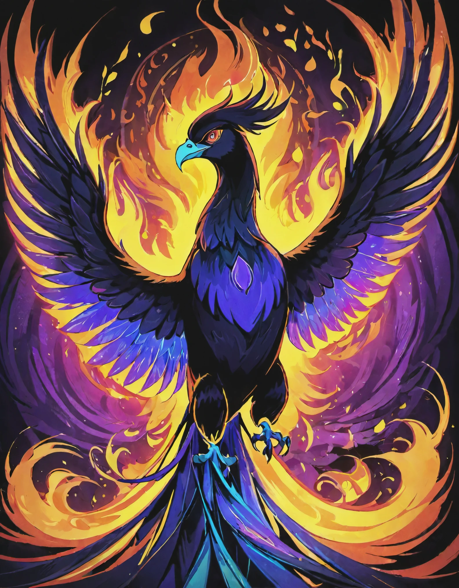 ((((black light poster art)))), design a captivating art piece featuring the essence of a mythical fire phoenix, with its feathers ablaze in radiant hues, surrounded by swirling flames and symbols of rebirth and transformation