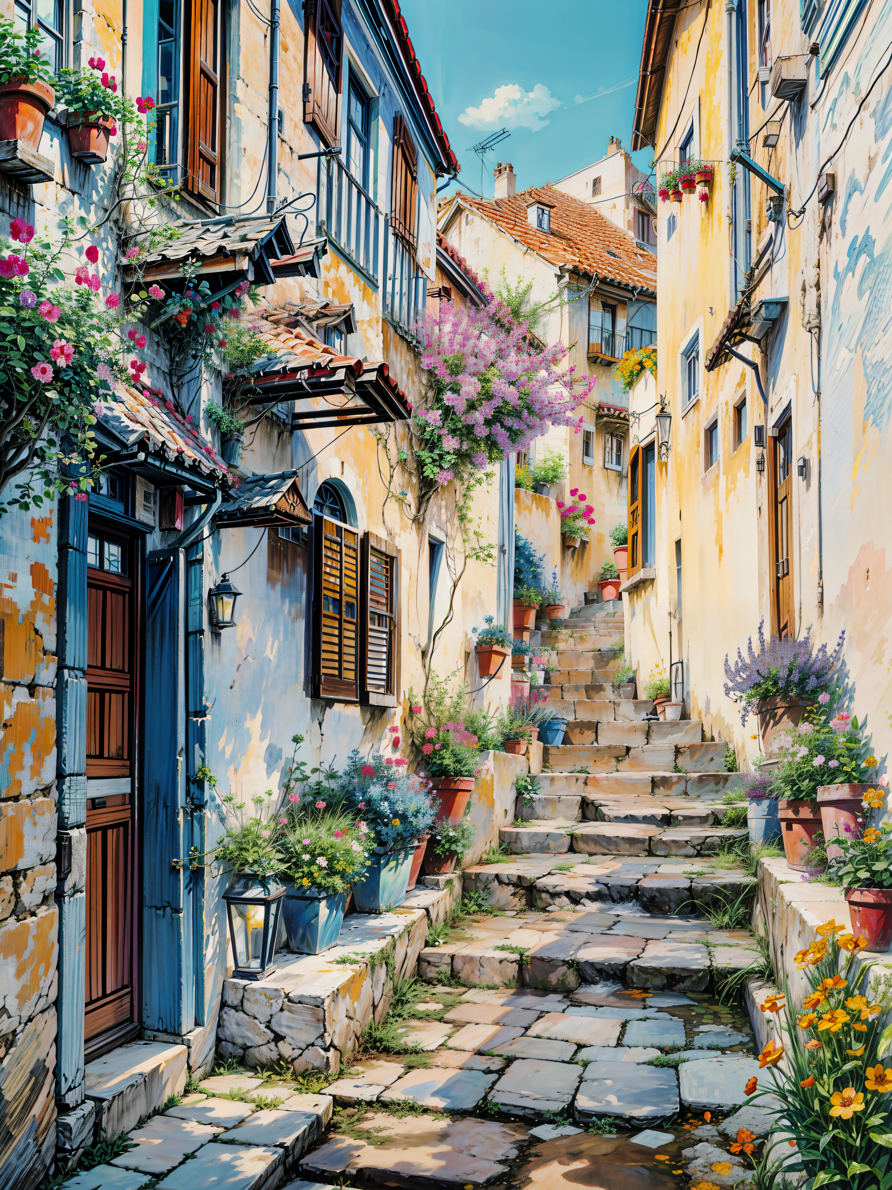 a painting of a narrow street with potted flowers, by Frances Jetter, greek art, by Demetrios Farmakopoulos, narrow street, ancient mediterranean village, greece, colorful landscape painting, gorgeous painting, architectural painting, vibrant gouache painting scenery, colorfull painting, colorful painting, mediterranean fisher village, beautiful painting, narrow streets, art painting, vibrant painting, greek architecture, 4k hd,, beautiful art uhd 4 k, a beautiful artwork illustration, beautiful digital painting, highly detailed digital painting, beautiful digital artwork, detailed painting 4 k, very detailed digital painting, rich picturesque colors, gorgeous digital painting