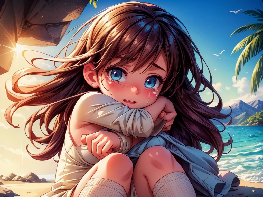 crying gal,hugging knees,shedding big tears,beach,illustration,highres,ultra-detailed,realistic,portrait,vivid colors,soft lighting