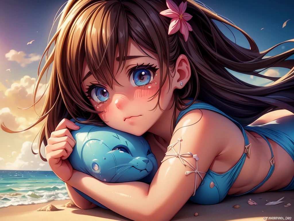 (all-fours:1.3)、A girl in a bikini、perfect buttocks、nice butt、stick out buttocks、full of sweat、Wearing sweat、White liquid leaks from the crotch、((pee stain))、Eyes from below、embarrassed from、 sand beach、pissing、pee、