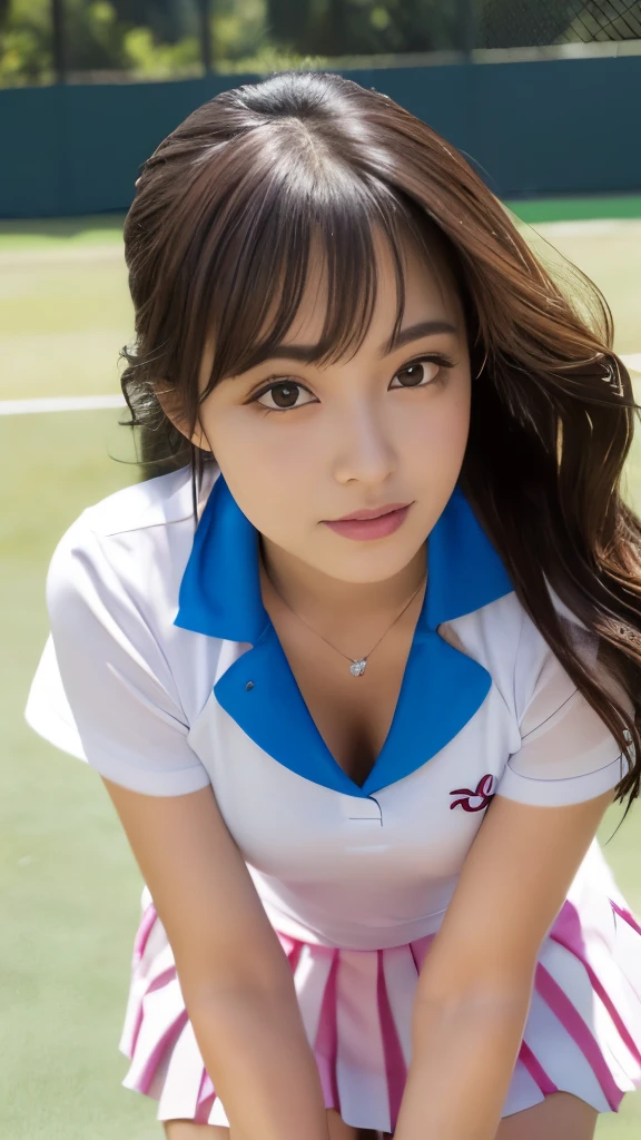Best-quality, Masterpiece, Ultra-High-Resolution, (Photorealistic:1.4), Raw-Photo, 1girl, the
most famous Japanese idol, leaning forward, from above, (wearing tennis-shirt and tennis-pleated-skirt), (extremely cute face like the most popular Japanese idol, ((extremely beautiful big-eyes)), extremely beautiful hair, extremely beautiful skins, extremely beautiful long-eyelashes, extremely beautiful lips, extremely beautiful cleavage, extremely beautiful short-body, innocent-smile, detailed tennis-shirt, detailed tennis-pleated-skirt, detailed downblouse