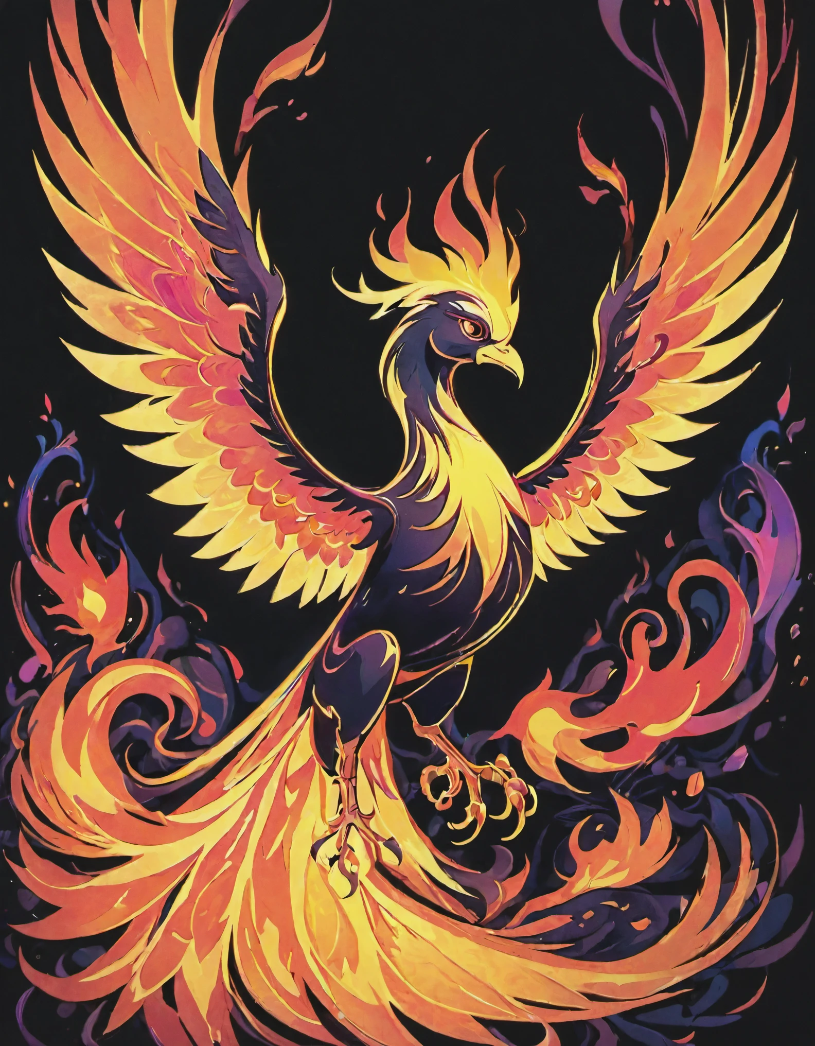 ((((black light poster art)))), design a captivating art piece featuring the essence of a mythical fire phoenix, with its feathers ablaze in radiant hues, surrounded by swirling flames and symbols of rebirth and transformation