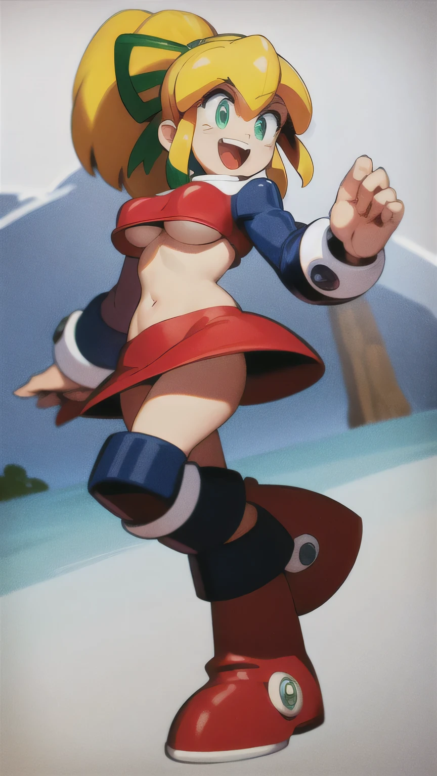 masterpiece, high quality, megamanroll, 1girl, solo, green eyes, blonde hair, ponytail, ribbon, open mouth, boots,giant breasts,cute smile,red bikini ,underboobs