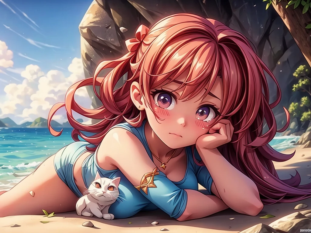 crying gal,hugging knees,shedding big tears,beach,illustration,highres,ultra-detailed,realistic,portrait,vivid colors,soft lighting