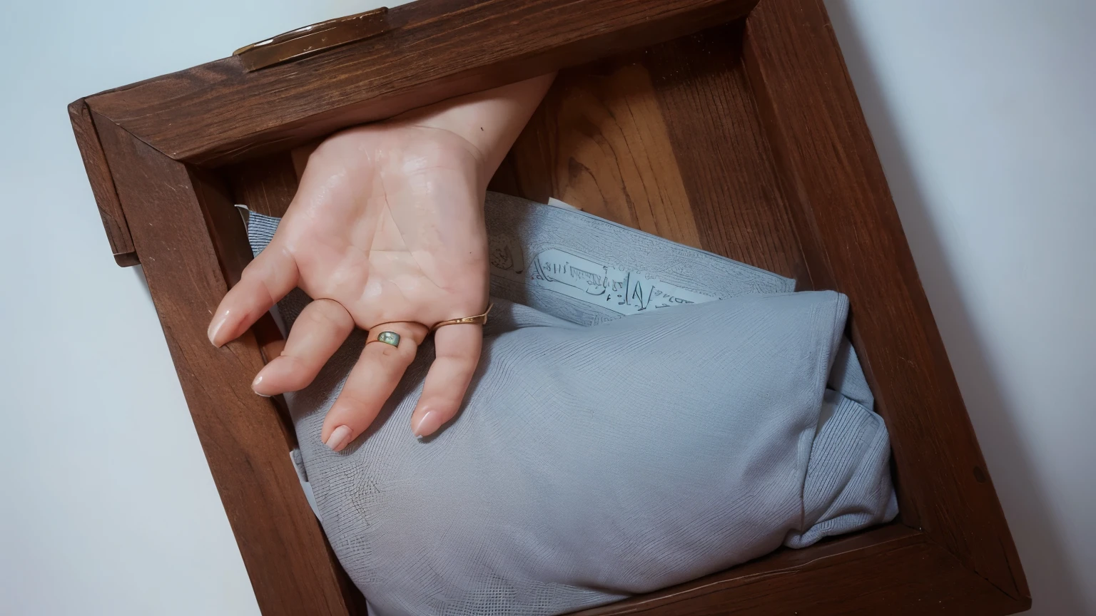 A Quran majid on my chest and a picture on my hand is position mein ek banaa 