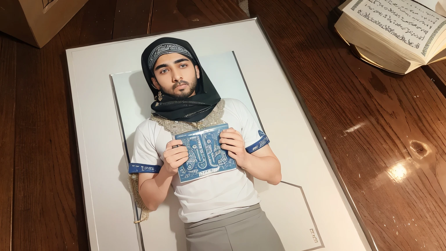 A Quran majid on my chest and a picture on my hand is position mein ek banaa 