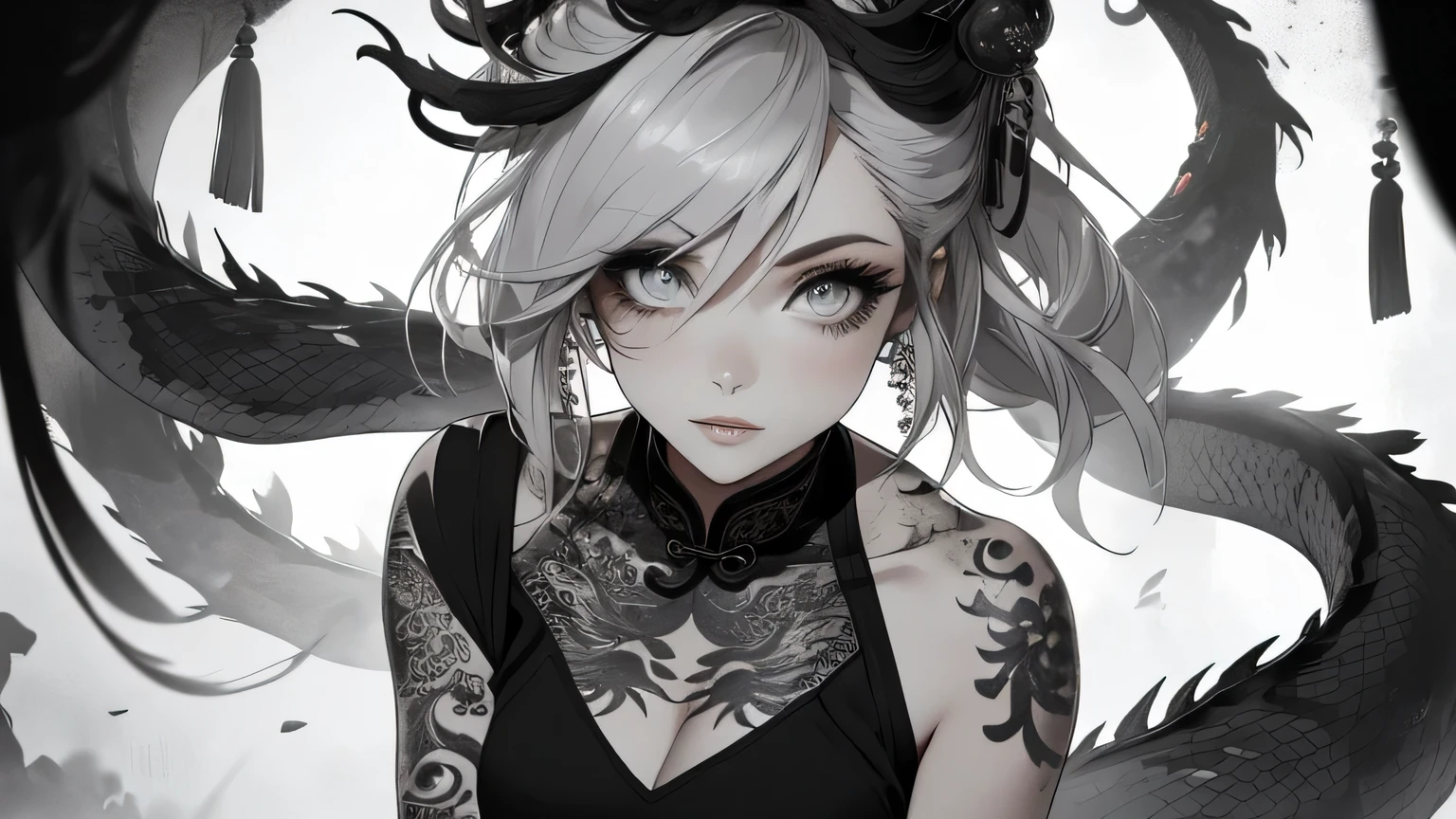 photo, Attractive young woman, (pretty face:1.1), exquisite eyes, Sweet mouth, (smokey eye makeup:0.85),Wear low-cut clothing,full body tattoo,Behind the scenes is a gorgeous Chinese dragon,black and white