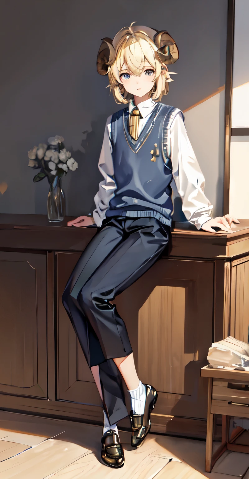 Original, (illustration: 1.1), (best quality), (masterpiece: 1.1), (((brass sheep horns))), books, bookish, thin legs, skinny, simple shoes, blonde hair, medium hair, fluffy hair, ((shoulder_length)), gray eyes, big eyes, indigo sweater vest, light pants, (beautiful clear background: 1.25), (very detailed CG Unity 8K wallpaper: 1.1), 1boy, parted bangs, anxious, shy, cute delicate face, shirt, emotion, soft, urzan, (PureErosFace_V1:0.7)