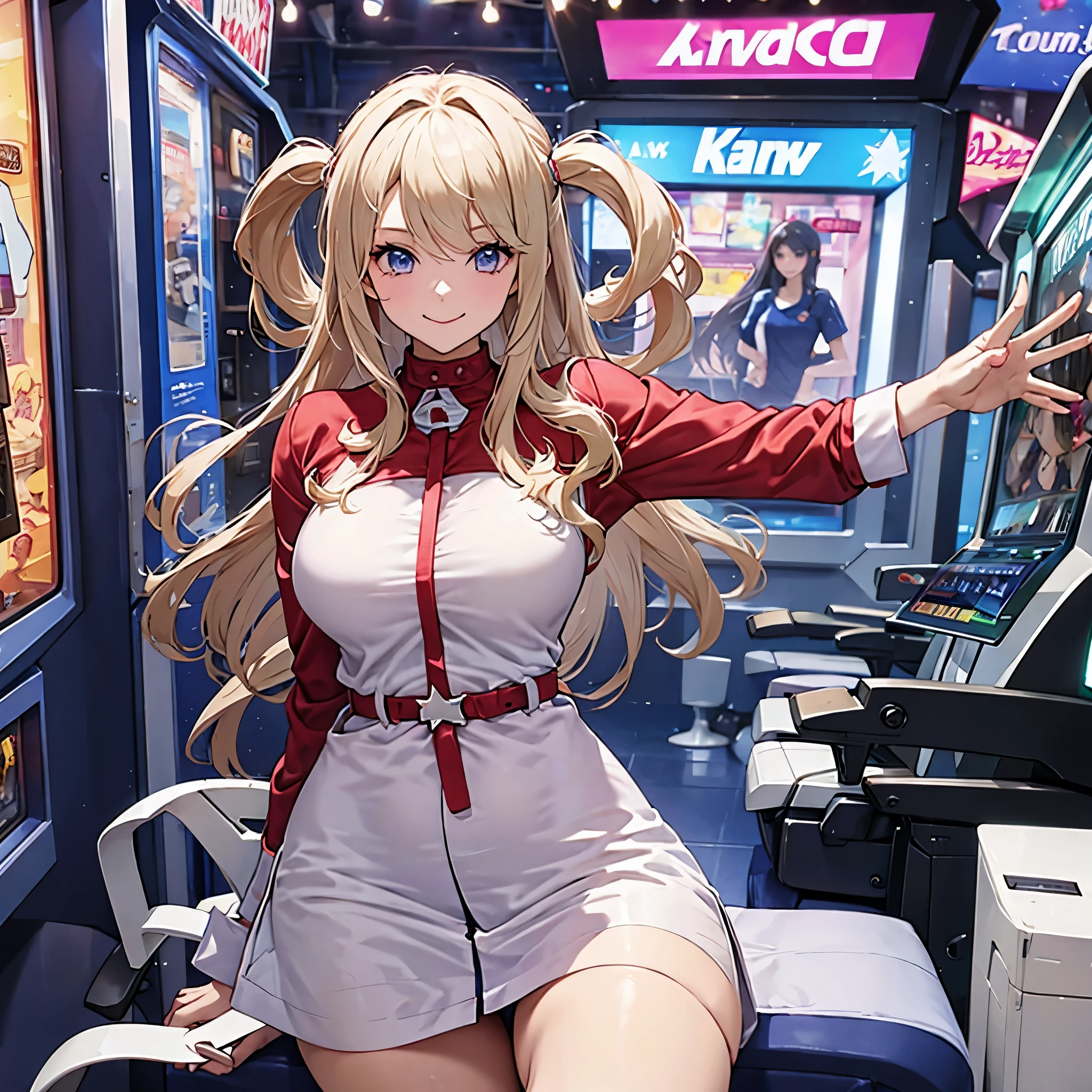 A woman in casual clothes in an arcade, smiling.
