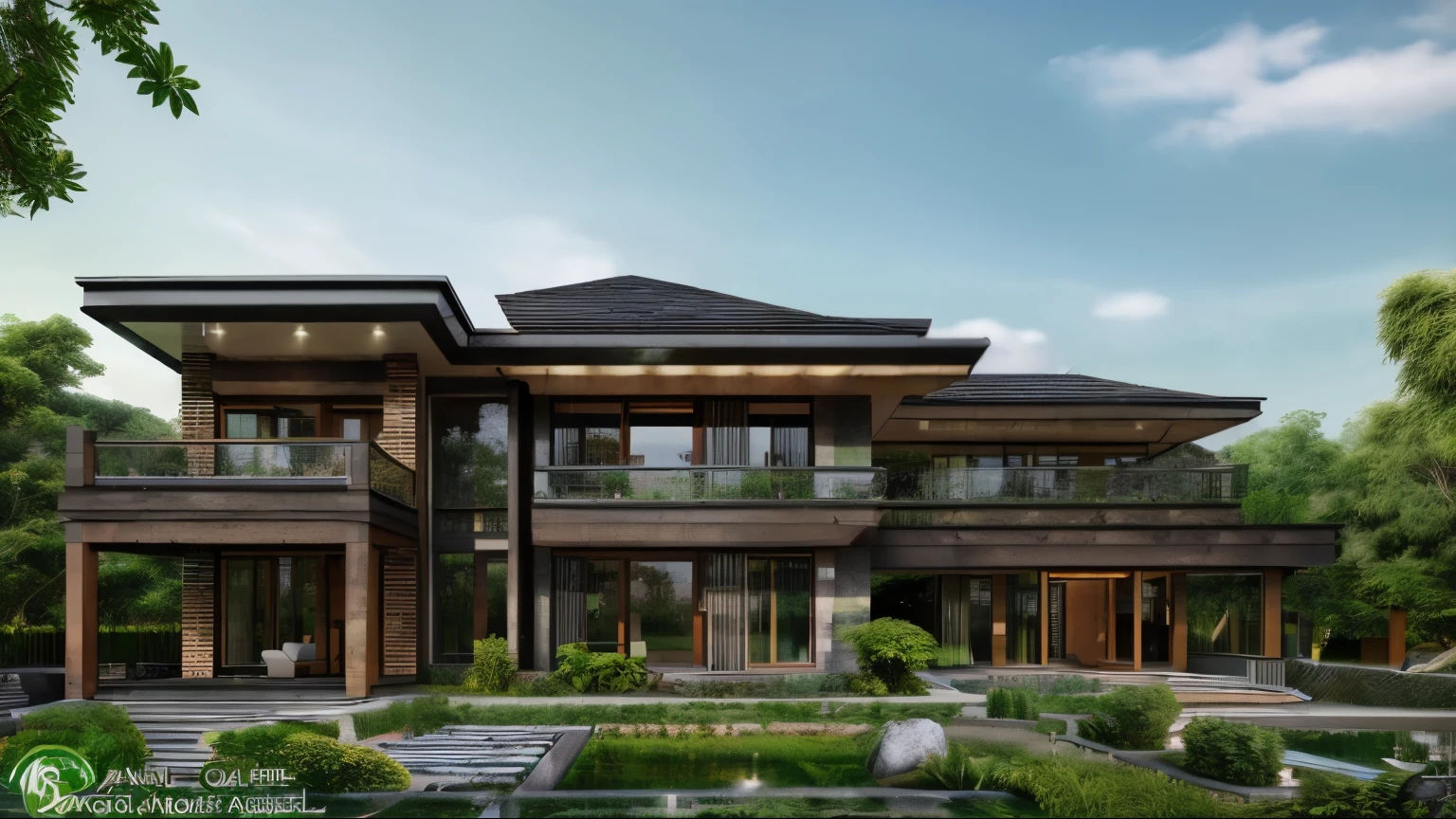 (high quality, 4k, raw photos), garden villa, first floor concrete wall, second floor wooden slats, second floor wood paneled wall, glass door, landscaped garden, green trees, beautiful sky , afternoon sunlight,