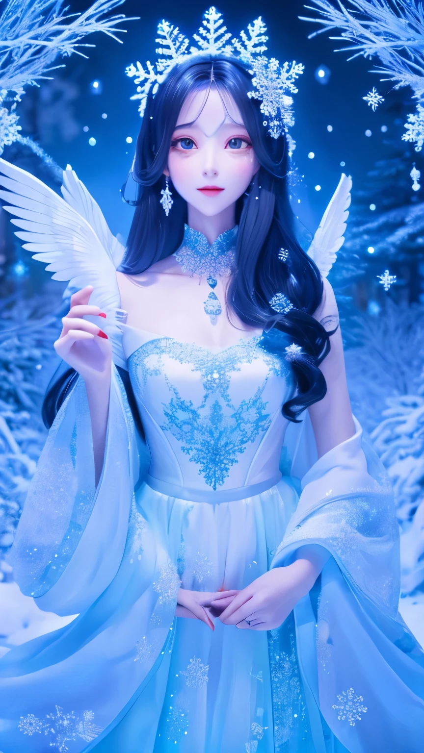 Digital illustration of a peaceful winter landscape, Featuring an elegant snow spirit with glowing ice blue skin, Delicate snowflake-patterned wings, And a flowing gown made of frost. the snow spirit、Nestled in a forest of sparkling frost trees, Gently falling snowflakes add a touch of magic to the enchanting scene.
