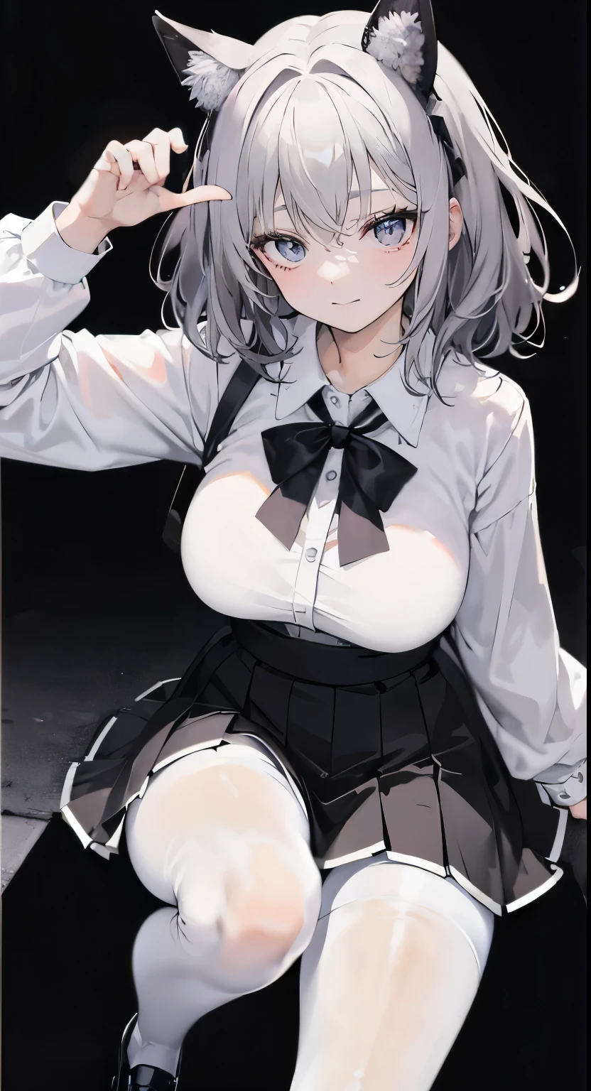 (8K、Best image quality、Highest quality、masterpiece)、Detailed face、1 Girl、Dark silver hair、Bobcut、Pink inner hair、Pink Eyes、Earrings、Wicked Smile、Moderate bust、White shirt、Long sleeve、((Removed buttons))、Cleavage、Black pleated skirt、((White and black striped panties))、White socks、loafers、Sitting, Raise your knees、avert your eyes、Shooting from above、Back Alley Background、
