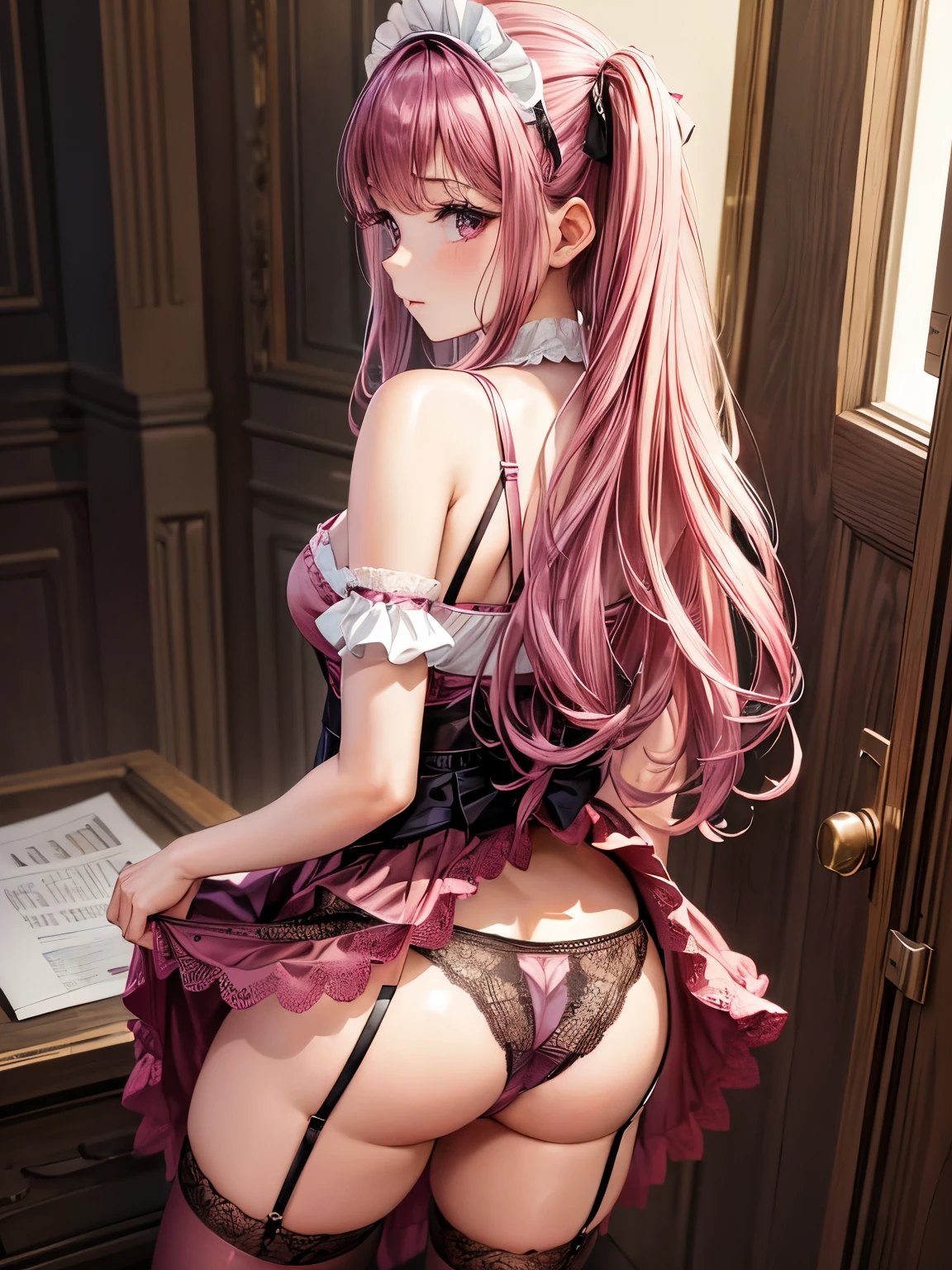 A woman is standing on the floor wearing a maid costume, alone, panties, underwear, skirt, (Shiny dark pink satin lace panties:1.3)、panties that cover the butt、garter belt, Liar, Thighhighs, skirt lift, think back, realistic