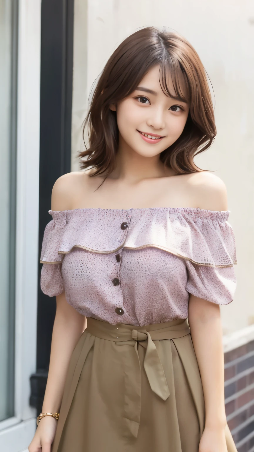 highest quality、disorganized、((the cutest girl in the world))、Japanese、16 year old girl、Cafe、((Spring-like clothes))、(skirt)、(Off-shoulder jacket)、nice and cute、innocent smile、nice smile、big breasts、(ample breasts:1.3)、medium bob hair、brown hair、thin waist、detailed beautiful eyes、face forward、Upper body、