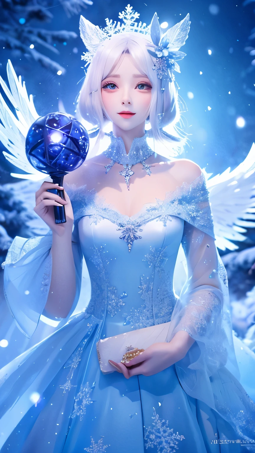 Digital illustration of a peaceful winter landscape, Featuring an elegant snow spirit with glowing ice blue skin, Delicate snowflake-patterned wings, And a flowing gown made of frost. the snow spirit、Nestled in a forest of sparkling frost trees, Gently falling snowflakes add a touch of magic to the enchanting scene. 