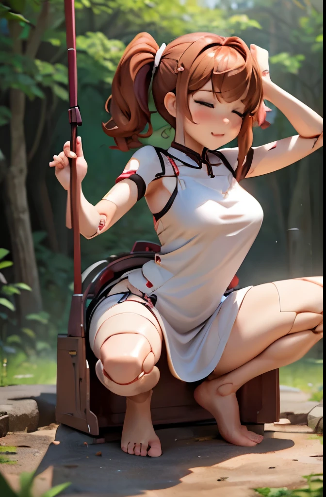 A Female robot is sleeping in forest, spread legs, nude, banzai pose. she wears no dress. She Brown short hair is tied with two big red clothespins, She lifts up the under hem of her white plain dress, leaning over, masterpiece, very short pigtails,brown hair, mature, android, blue eyes, full body figure, Height: 160cm, flushed cheeks, 2020s anime picture, A beautiful robot with short brown hair in two short pigtails held up by two very large huge red clothespins, Uplifting, No NSFW, whole body, barefoot, archaic smile, getting orgasm, 25 years old, sweat bucket, in Obstetrics.