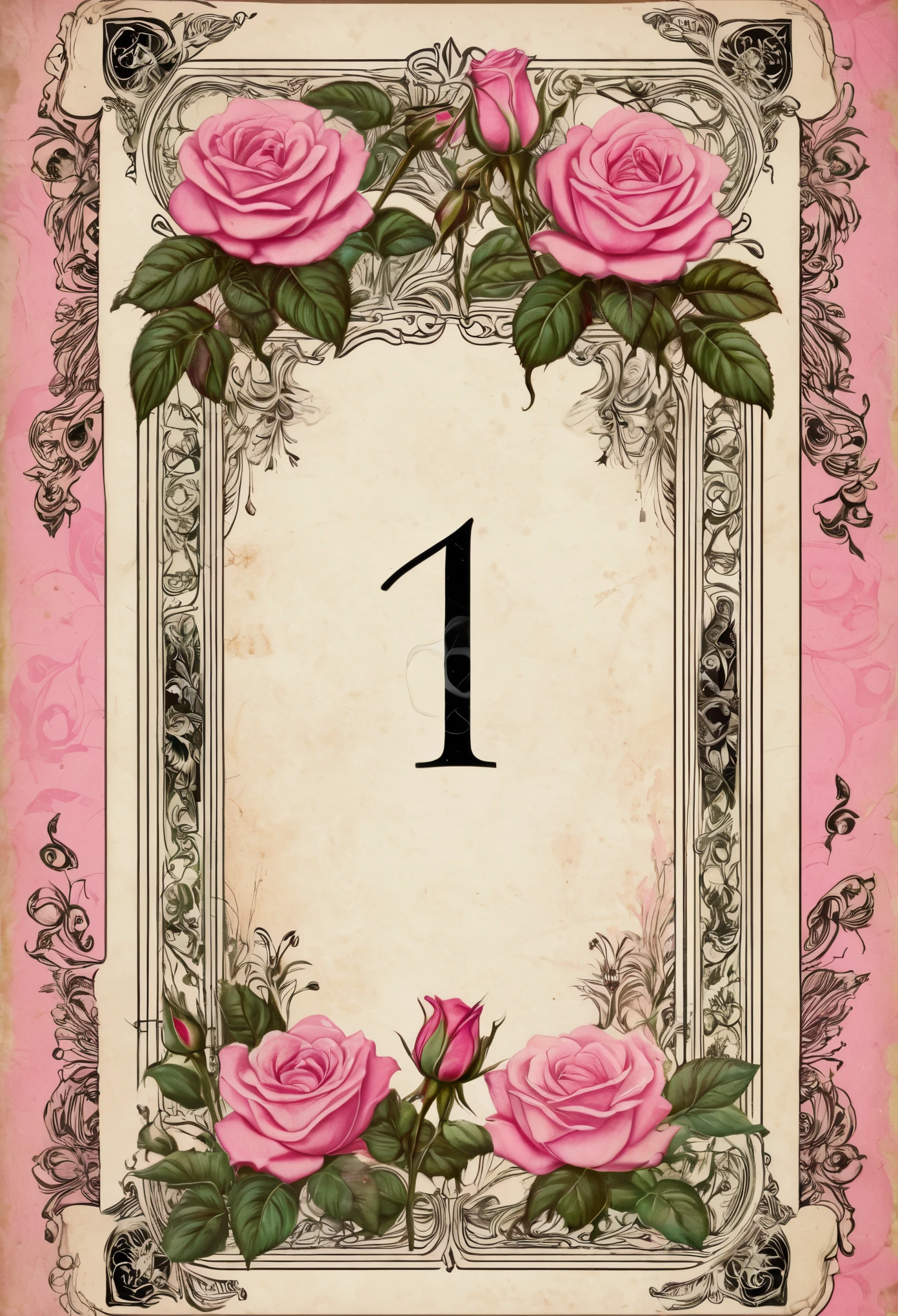 Carta del tarot estilo vintage con una cascada en medio, The letter must have margins of pink roses and the number 1 at the top
