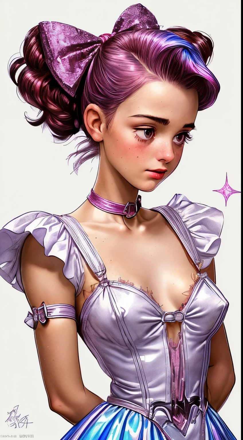 A realistic rendering of a Victor Vasnetsov style illustration of a very close, ultra close shot on the breasts  of  two   pert, nubile, thin,  freckled, teen   girls, with 50s style purple  hair, topless, bare breasts, small breasts, little breasts, tiny breasts  pink nipples , puffy nipples , exposed nipples , wearing clear, pink plastic  body harnesses, clear, pink plastic choker necklace, clear pink plastic bondage straps , clear, pink, plastic lingerie, sitting in a clear, pink plastic bondage swing, open blouse, undressing,     uniform, in a room with several clear, pink plastic bondage straps, partially clothed,  clear, pink plastic, abstract, geometrical background, ultra close shot on breasts 