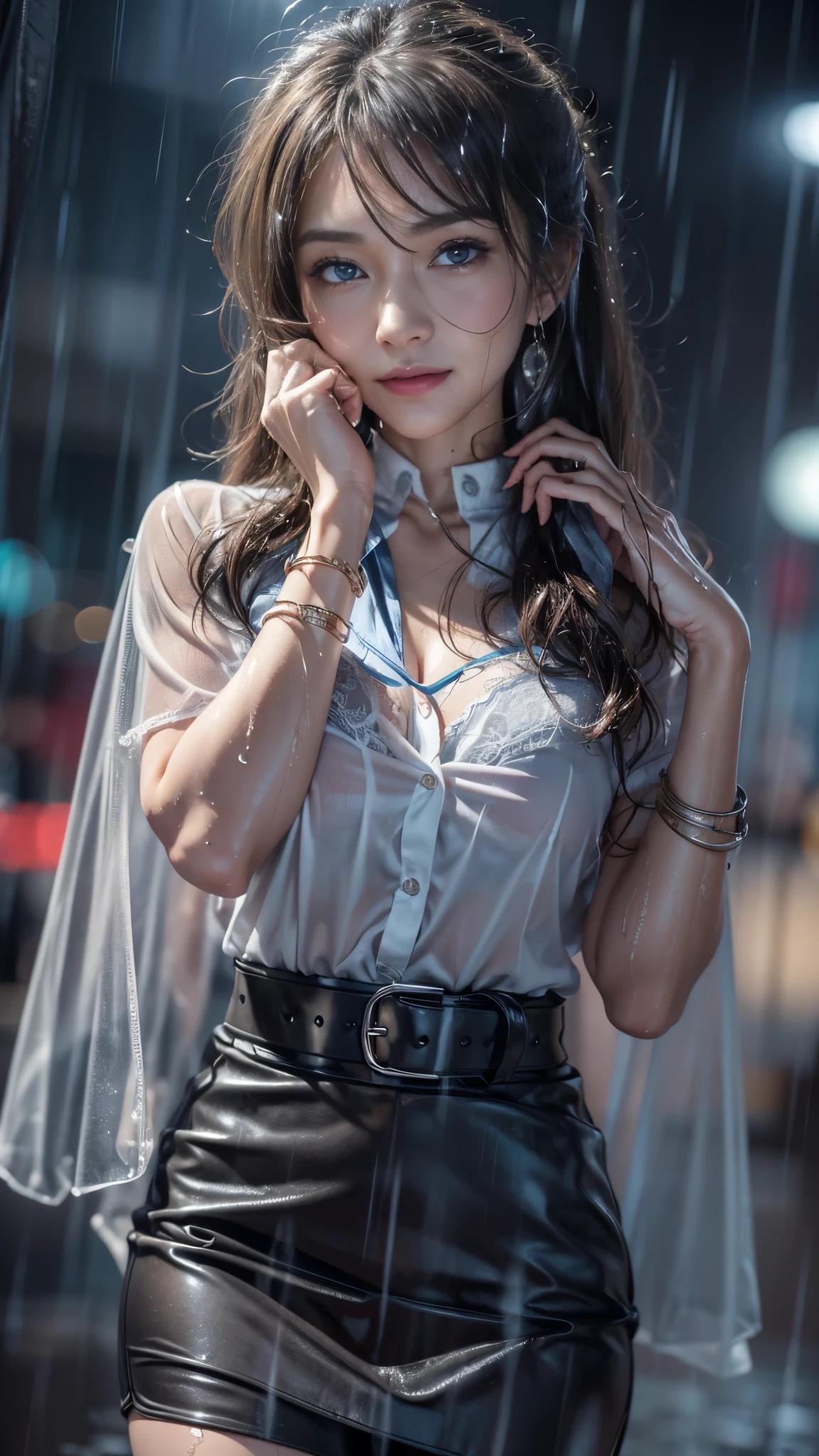 (RAW shooting, Photoreal:1.5, 8K, highest quality, masterpiece, ultra high resolution), perfect dynamic composition:1.2, Night street corner of a modern city, cry:1.3, (((Typhoon heavy rain))), Highly detailed skin and facial textures:1.2, Slim office lady wet in the rain:1.3, sexy beauty:1.1, perfect style:1.2, beautiful and aesthetic:1.1, Fair skin, very beautiful face, water droplets on the skin, (rain drips all over my body:1.2, wet body, wet hair:1.4, wet office skirt:1.2, wet office lady uniform:1.3), belt, (Medium chest, bra is see-through, Chest gap), (expression of sadness, lovelorn, The expression on your face when you feel intense caress, Facial expression when feeling pleasure), (beautiful blue eyes, Eyes that feel beautiful eros:0.8), (Too erotic:0.9, Bewitching:0.9), cowboy shot, Shoulder bag, necklace, earrings, bracelet, clock