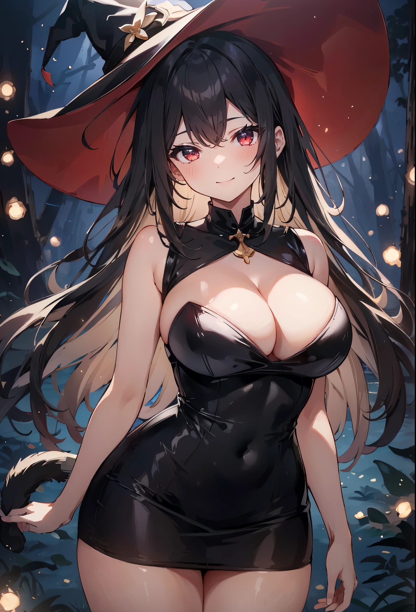 high quality, ultra detailed, best quality, insanely detailed, beautiful, masterpiece, 1girl, solo, illustration, night forest, particle lights, cowboy shot, looking at viewer, red eyes, long hair, bangs, black hair, witch, witch hat, bodycon dress, cat tail, large breasts, cleavage, thighs, closed mouth, smile, blush