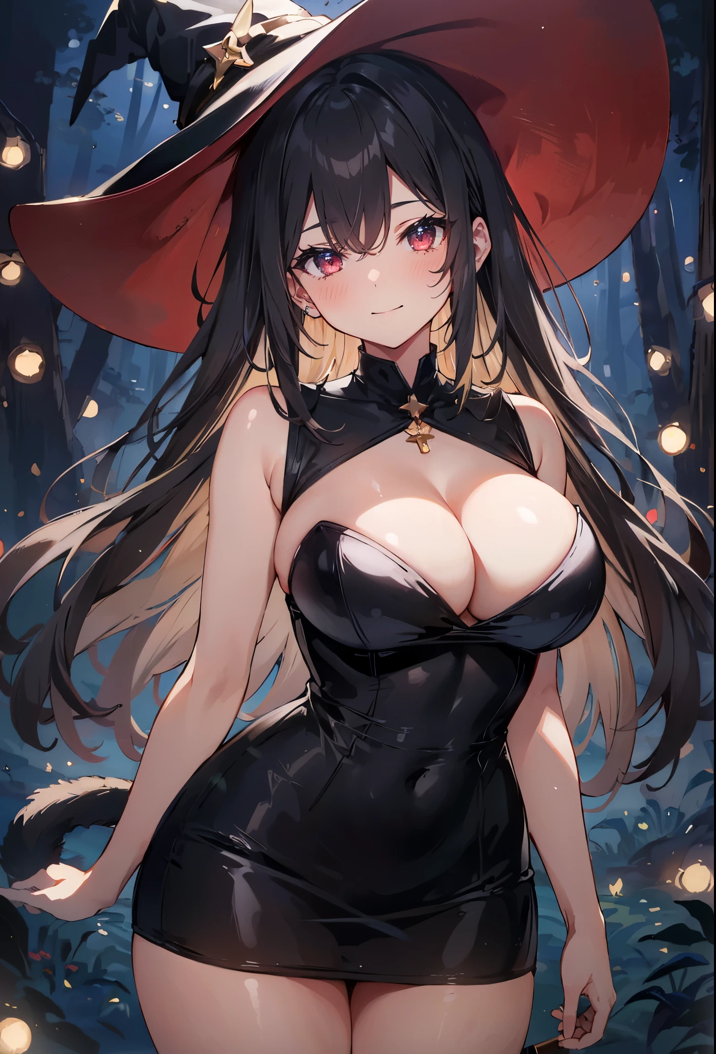 high quality, ultra detailed, best quality, insanely detailed, beautiful, masterpiece, 1girl, solo, illustration, night forest, particle lights, cowboy shot, looking at viewer, red eyes, long hair, bangs, black hair, witch, witch hat, bodycon dress, cat tail, large breasts, cleavage, thighs, closed mouth, smile, blush