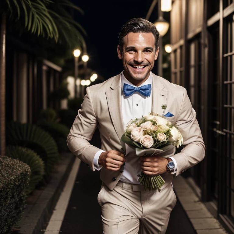 A man running with a smile holding a bouquet of flowers in his hand、bikini、A bow tie、night、Sweat、dirty body