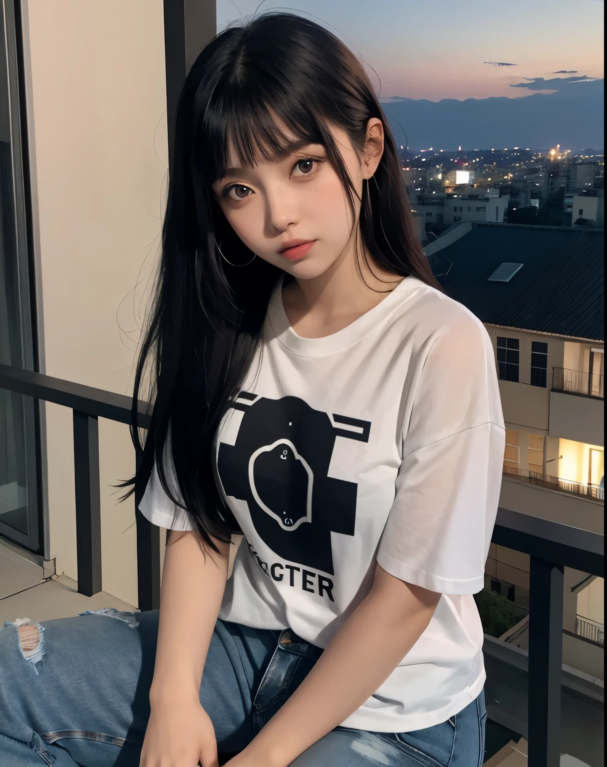 Hinata Hyuuga vestindo uma camiseta preta e jeans, sitting on a balcony at the top of a building overlooking the city at night