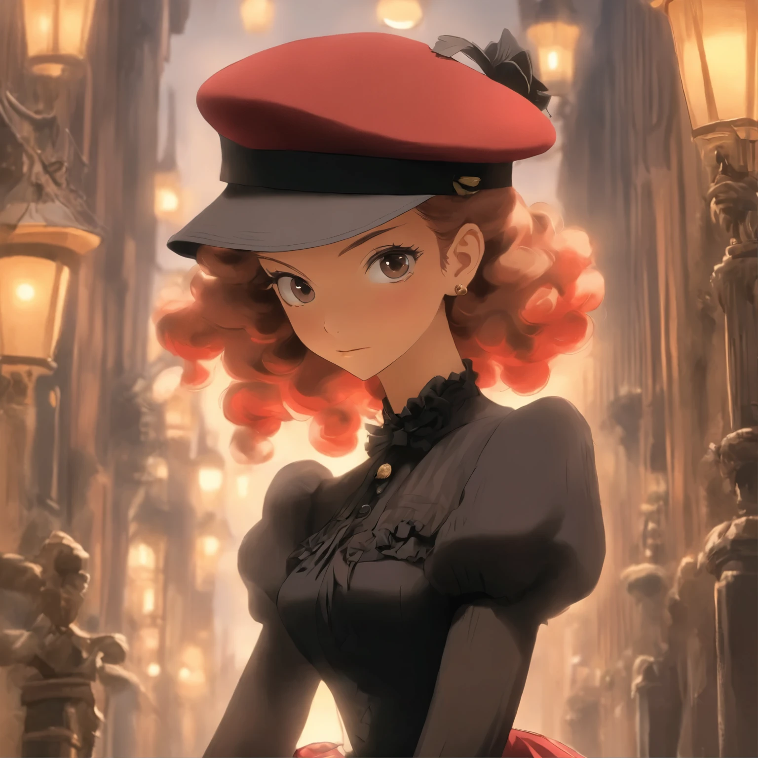 araffe dressed in a black dress and red hat poses for a picture, wearing black old dress and hat, wearing a french beret, dressed like in the 1940s, victorian style costume, french girl, with curly red hair, in a red victorian era dress, wearing black dress and hat, with victorian clothing, wearing a beret, victorian inspired clothing