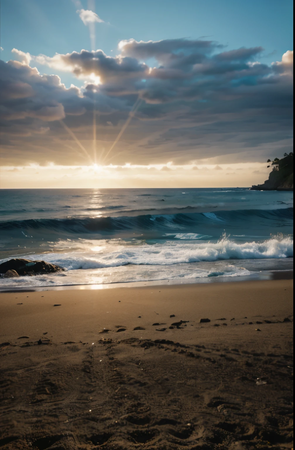 Ultra realistic, cinematic, beach, ocean, view, Sunshine