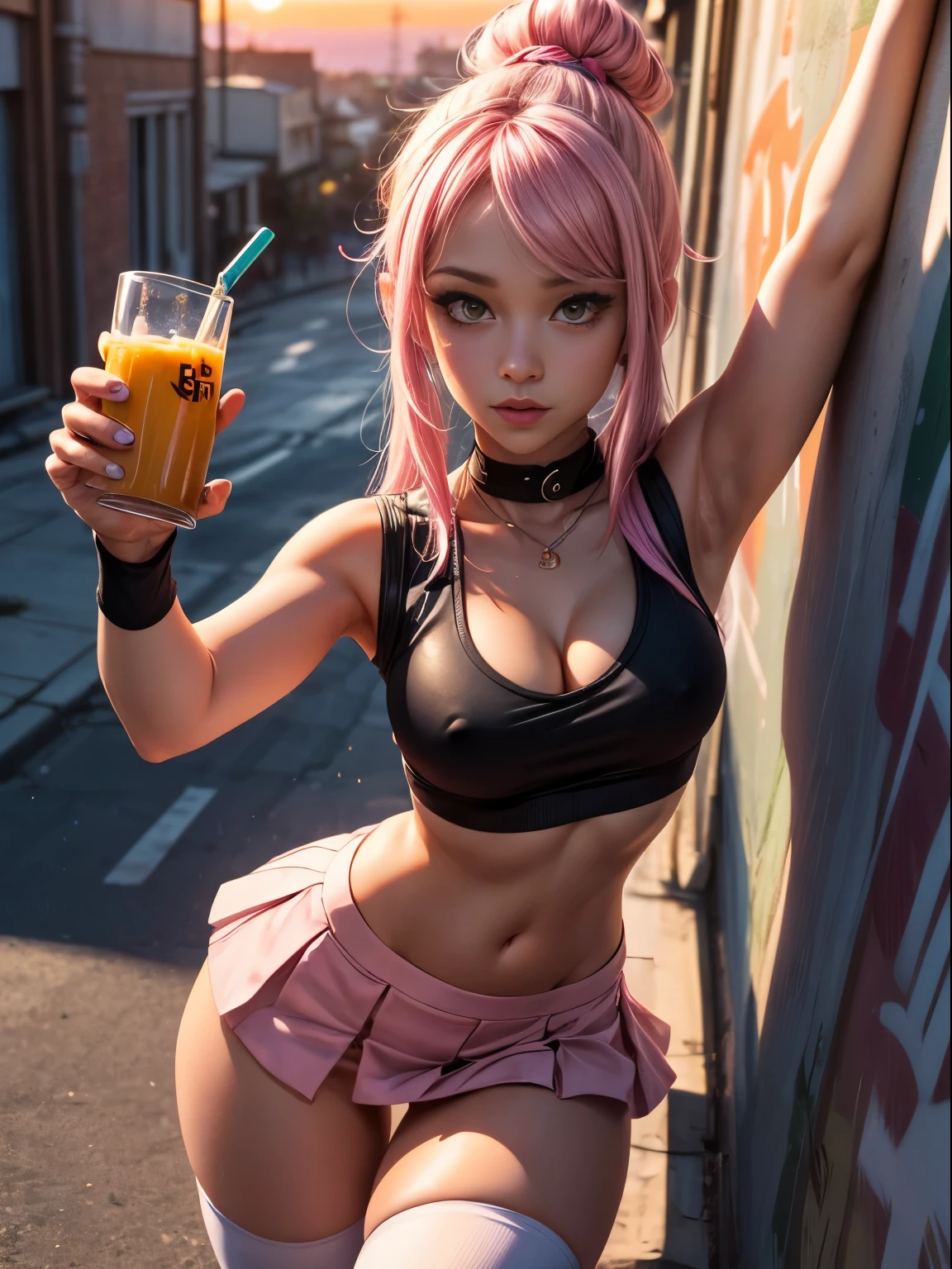 score_9, score_8_up, score_7_up, score_6_up, score_5_up, rating_explicit, (poppy ), yordle, cute, (shortstack:1.3), medium breasts, punk outfit, (micro skirt), short skirt, stripped thigh high socks, (pink crop top with text), slutty, cleavage, white sleeveless jacket, dripping juice, (perfect hands:1.2), lift skirt, panties down, nipples, sunset, city, leaning back against wall, graffiti, (selfie:1.2), crotch shot, close-up, high detail, digital art, anime style, best quality, absurd res