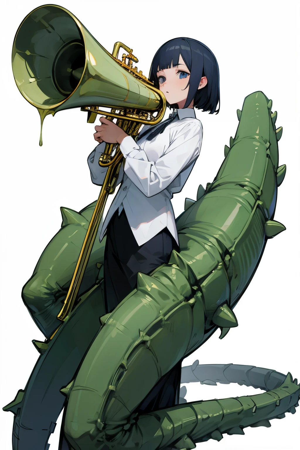 white background, lovecraft monster anime female version playing a slide trumpet