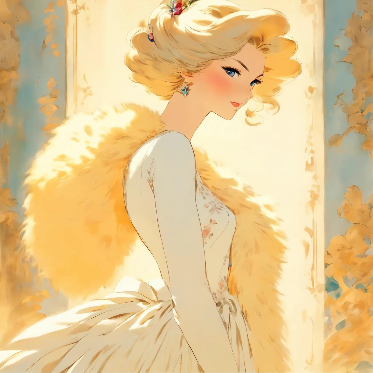 arafed woman in a white dress and fur stole standing in front of a painting, white regal gown, in style of cecil beaton, inspired by Cecil Beaton, inspired by Alfred Edward Chalon, peter kemp, elegant and graceful, exquisite aristocratic, inspired by Gabriel Ba, white gown, beautiful gown, the portrait of an elegant