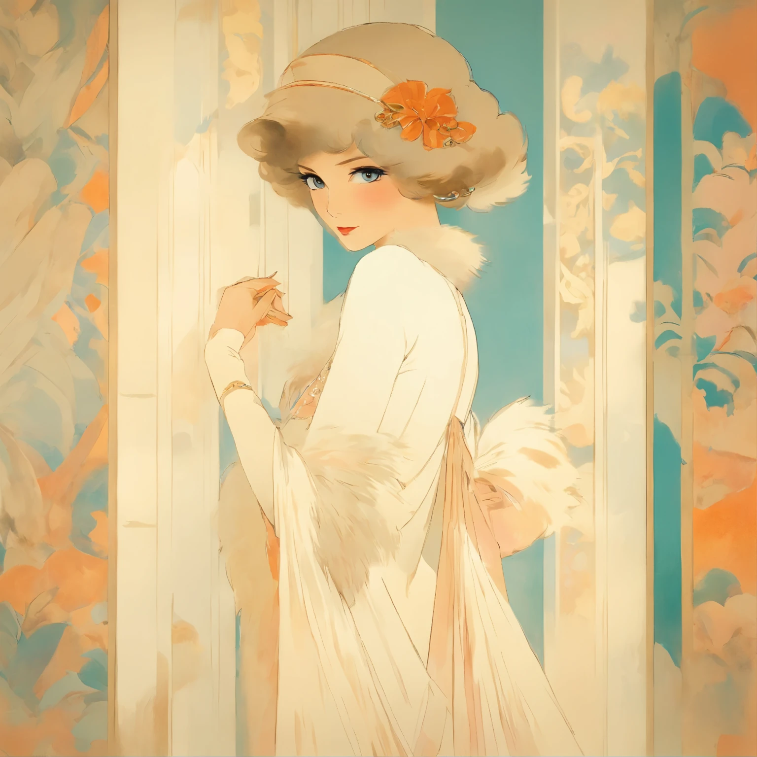 arafed woman in a white dress and fur stole standing in front of a painting, an art deco painting inspired by Cecil Beaton, tumblr, art nouveau, white regal gown, in style of cecil beaton, peter kemp, elegant and graceful, exquisite aristocratic, white gown, beautiful gown, the portrait of an elegant, 1 9 2 0 s style