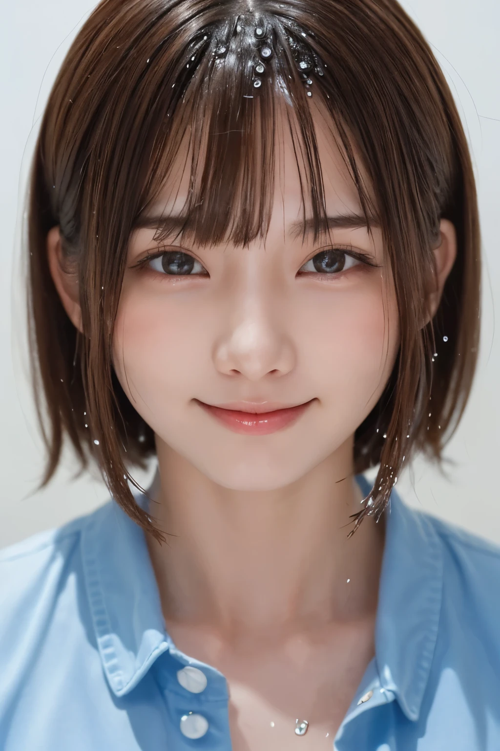 one girl,((Highest image quality:1.7))、 (beautiful girl, delicate girl:1.3), (15 years old:1.3),(smiling beautiful girl:1.2)、break, (Bare skin、camisole、soaked:1.2),break, very fine resolution, (symmetrical eyes:1.3),(It's wet and my clothes are transparent:1.5)、break, (Snap of a beautiful girl soaking wet in the bathroom:1.3), (drenched from head to toe:1.4)、perfectly trimmed fingers,break, small breasts, brown eyes, parted bangs, brown hair,break, (Eye and face details:1.0),break, (masterpiece, highest quality, super detailed, detailed face, 8K)