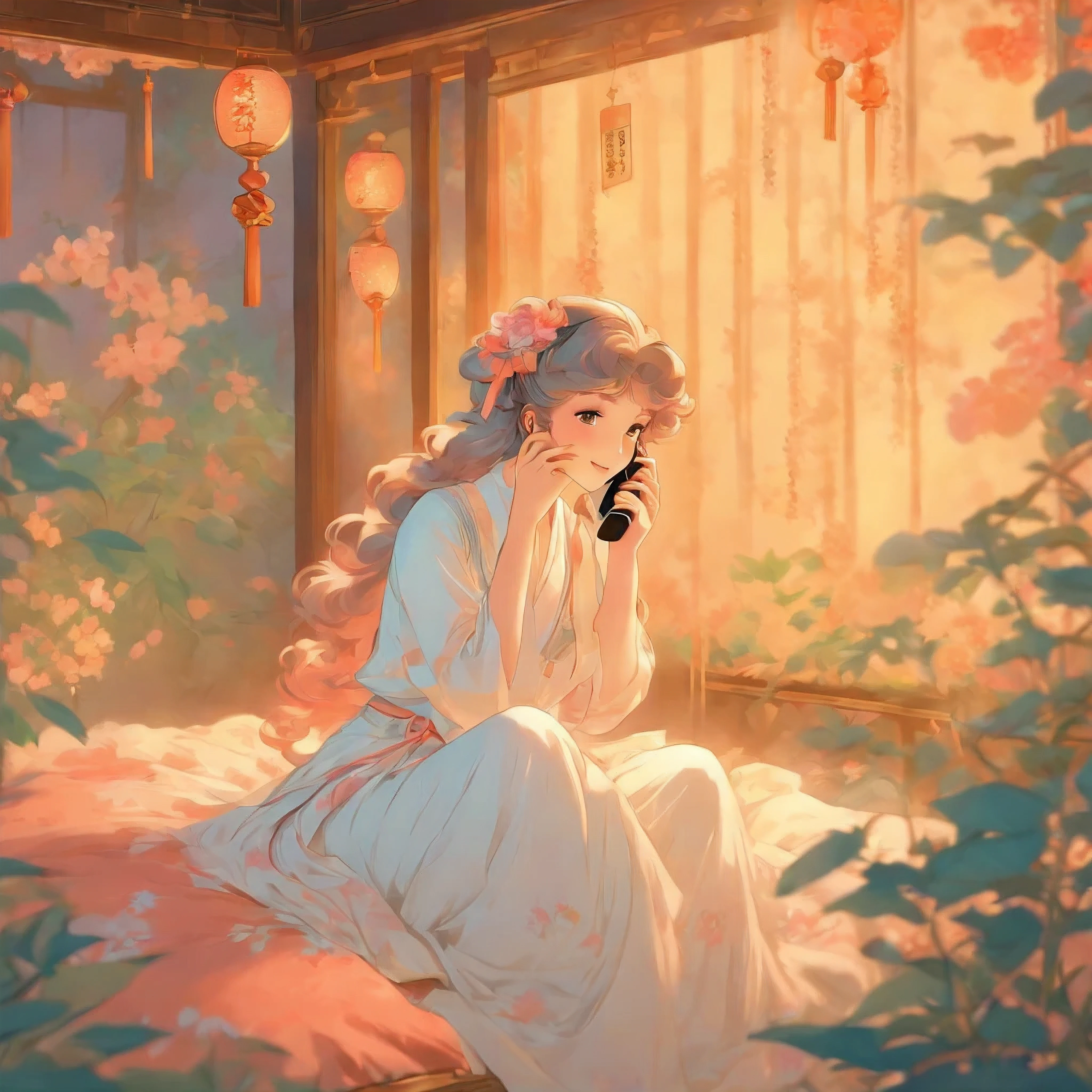 there is a woman sitting on a bed talking on a phone, korean art nouveau anime, a beautiful artwork illustration, vintage shoujo, anime art nouveau, lolish, exquisite digital illustration, soft anime illustration, beautiful anime artwork, , by Yanagawa Nobusada, beautiful anime art, detailed key anime art, beautiful alluring anime woman, beautiful illustration