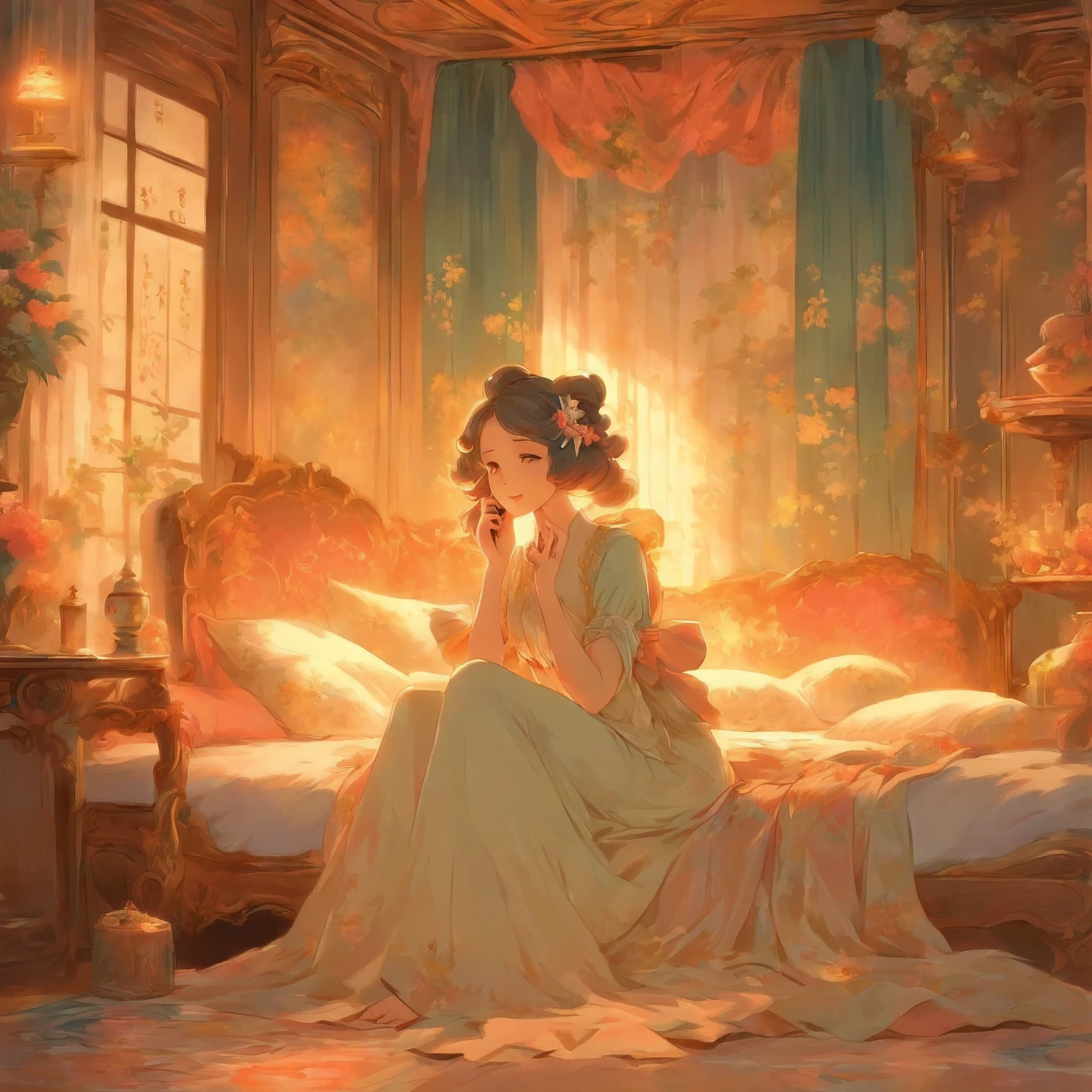 there is a woman sitting on a bed talking on a phone, an ultrafine detailed painting by Yanagawa Nobusada, pixiv, rococo, korean art nouveau anime, a beautiful artwork illustration, vintage shoujo, anime art nouveau, lolish, exquisite digital illustration, soft anime illustration, beautiful anime artwork, , beautiful anime art