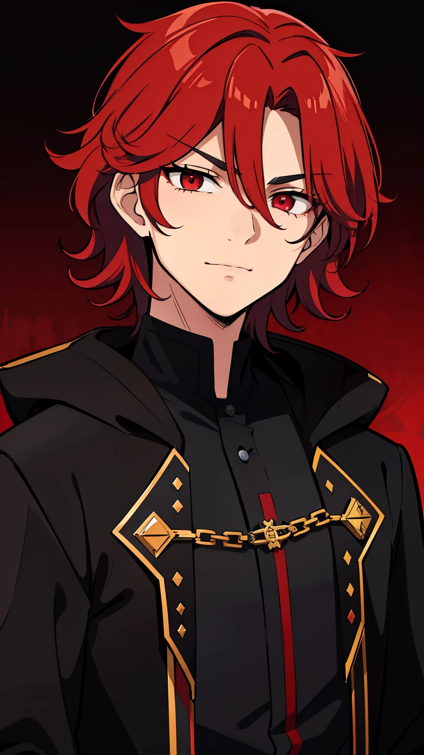 (high-quality, breathtaking),(expressive eyes, perfect face) 1male, male , solo, teenager, short hair length, wavy curly hair, messy hair, red hair color, multicolored hair, deep red eye color, black red background, red shirt, black cloak,trimmed, corrupted theme , , serious expression, smug expression, confident smirk, bust shot, portrait, zoomed out
