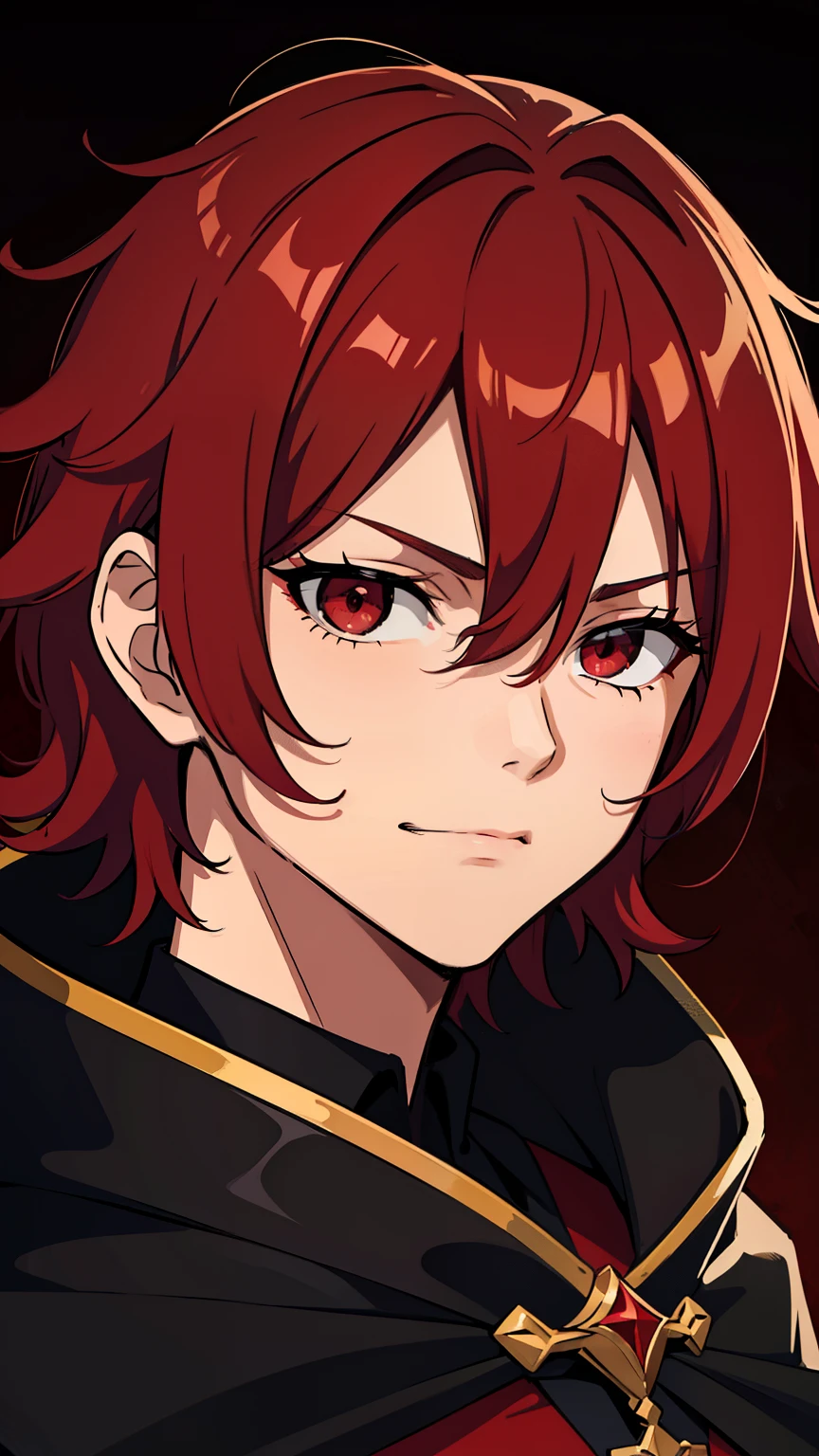 (high-quality, breathtaking),(expressive eyes, perfect face) 1male, male , solo, teenager, short hair length, wavy curly hair, messy hair, red hair color, multicolored hair, deep red eye color, black red background, red shirt, black cloak,trimmed, corrupted theme , , serious expression, smug expression, confident smirk, bust shot, portrait, zoomed out
