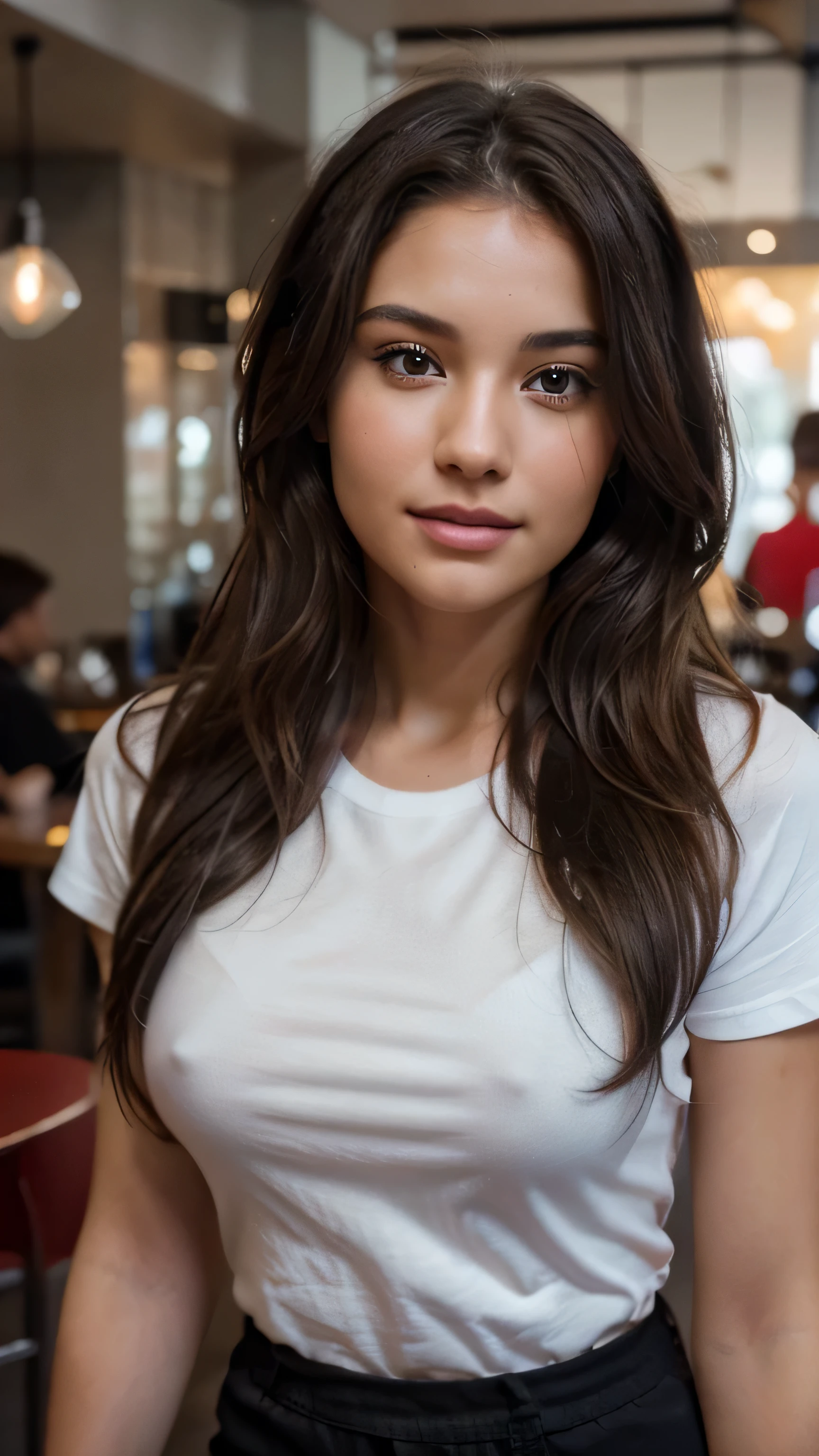 Beautiful girl, with white and gray wavy hair, with a nice figure, {in a red long t-shirt, in black pants, in a modern cafe, looking directly at the camera, with a sexy open mouth} 25 years old, high detail, sharp focus, detailed skin, realistic skin texture, texture, detailed eyes, professional, 4k, charming smile, shot on canon, 85 mm, shallow depth of field, kodak vision color, perfect body fit, extremely detailed, foto_\(ultra\), photorealistic, realistic, post-processing, maximum detail, roughness, real life, ultra-realistic, photorealism, photography, 8k uhd, photography.