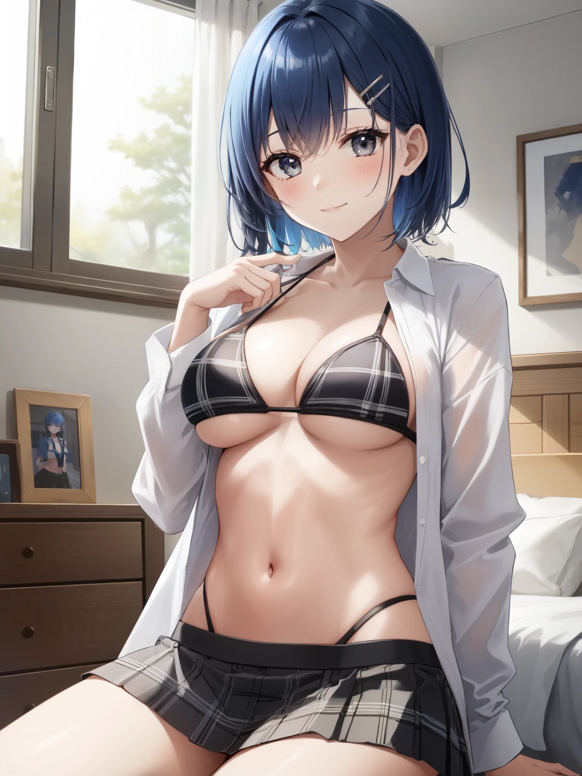 1girl, solo, hairclips, blue hair, short hair, messy hair, black eyes, ears, pale skin, breasts, open shirt, bikini bra, underboob, plaid miniskirt, light smile, indoors, apartments, furniture, bedroom