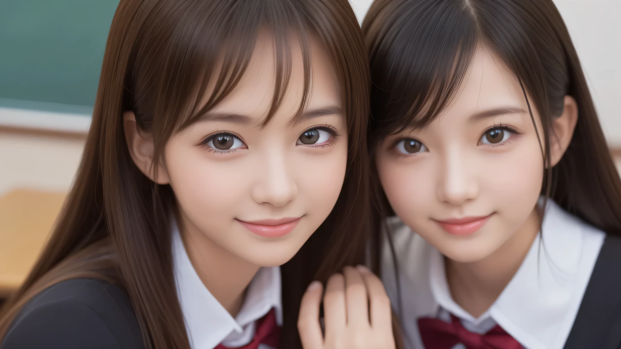 (2 girls:1.2), incredibly beautiful face, enchanting smile, (school uniform, mini skirt:1.2), (highest quality: 1.4), (Super detailed), (highest quality:1.4), (Super detailed), evening, very high resolution, (Upper body), close up face, (School, classroom), School anime, anime illustration,