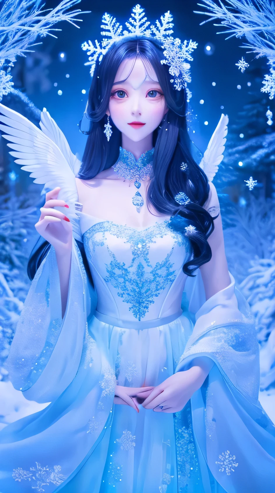 Digital illustration of a peaceful winter landscape, 輝くアイスブルーの肌を持つエレガントなSnow Spiritが特徴です, Delicate snowflake-patterned wings, And a flowing gown made of frost. Snow Spirit、Nestled in a shimmering hoarfrost forest, Snowflakes falling gently、Add a touch of magic to your enchanting scenes。.