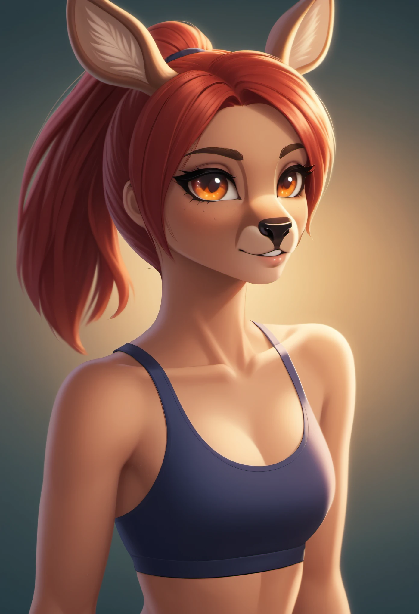 masterpiece, best quality, (hioshiru, tom bagshaw), female deer, anthro, workout, perfect eyes, long eyelashes, (deer), (sweaty face), (red hair, ponytail), brown fur, (makeup, eyeliner:1.1)BREAK (detailed background:1.3), (cinematic lighting), detailed ambient light, (detailed lighting), (ambient light on the body), , ((dark outlines)), [[by taran fiddler]], by dagasi, by Foxovh, (sharp focuasterpiece, 8k, 4k,raw photo, warm lighting, best quality, hi res, high resolution, high details, ultra realistic, absurd res