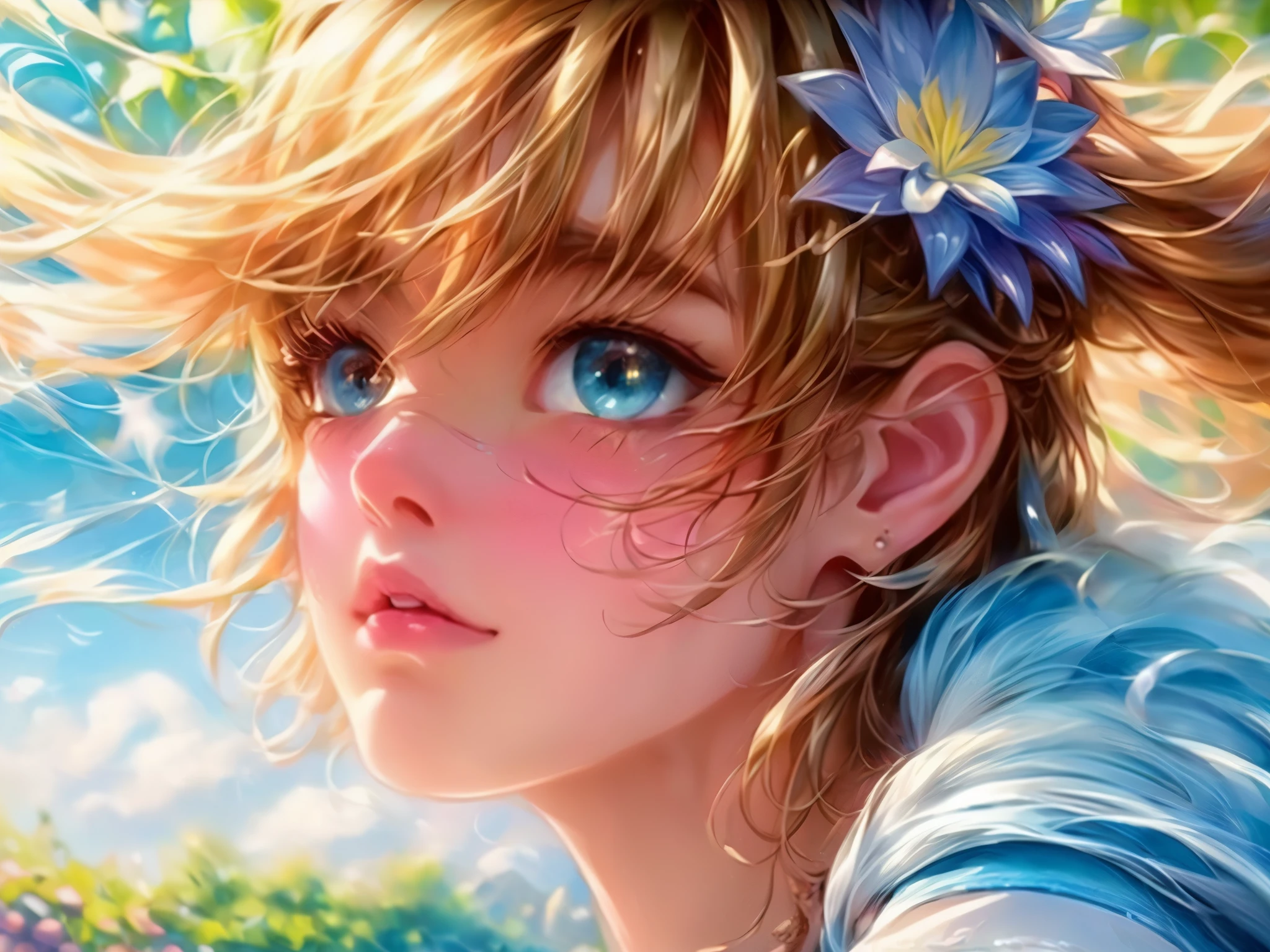 (best quality,ultra-detailed),beautiful detailed eyes, detailed lips, long eyelashes,girl,rope walker,green garden,clear blue sky,bright sunlight,summer day,movement,delicate balance,joyful expression,vibrant colors,marvelous moment,graceful,medium:oil painting,impressionistic style,soft brushstrokes,warm color palette,enchanted atmosphere