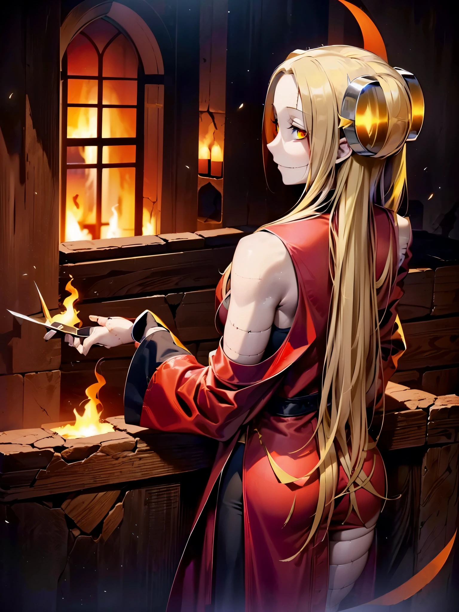 Madaraki_Fran,Young woman,yellow hair,long hair,(((dressed in a surgeon&#39;s robe))) , (Against the backdrop of hell), holding a scalpel in his hand , burning eyes , goes to hellfire castle ((view from the back))