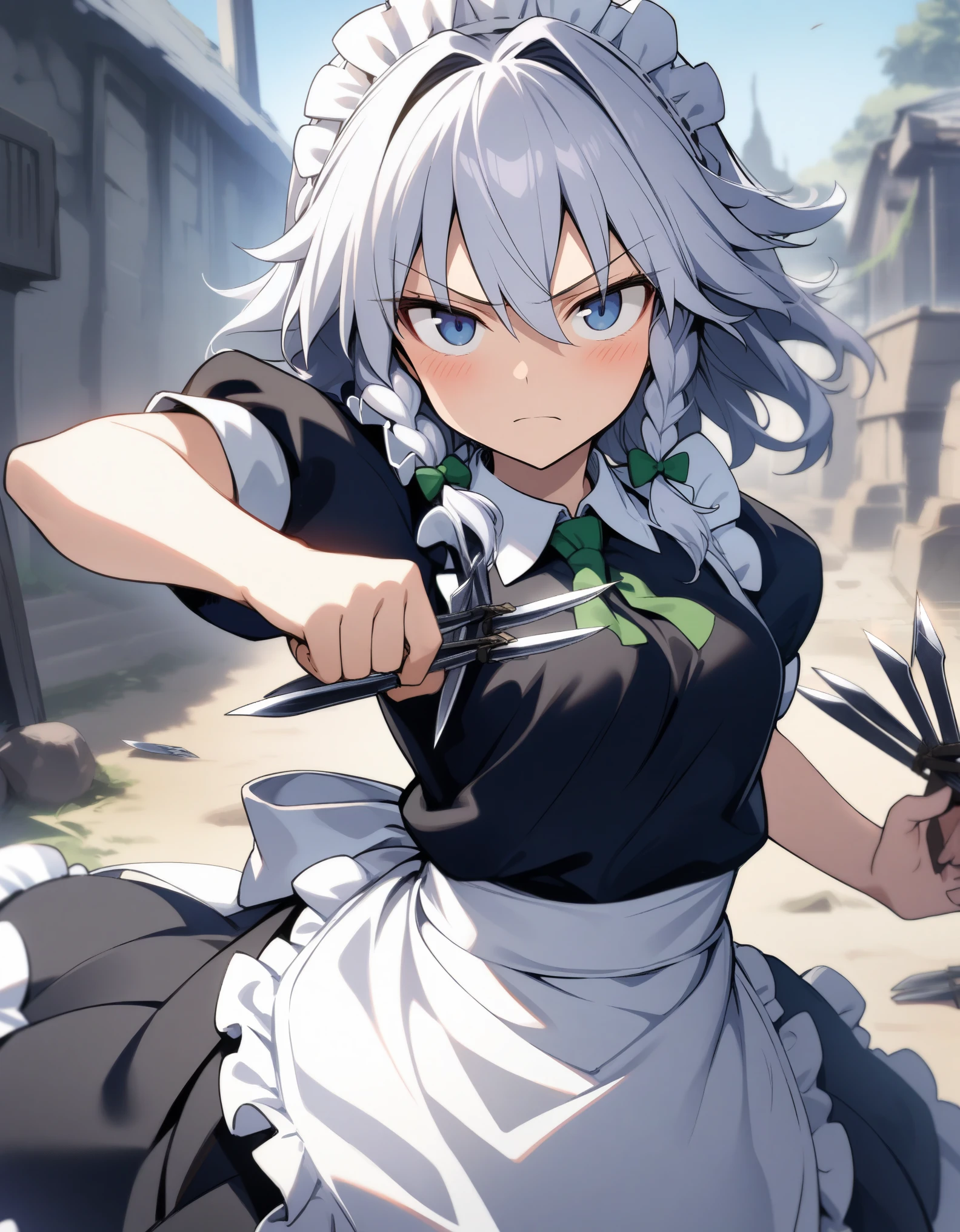 1girl, izayoi sakuya, touhou, solo, maid headdress, maid, apron, short sleeves, dress, closed mouth, white apron, looking at viewer, maid apron, puffy short sleeves, frills, puffy sleeves, black dress, frilled apron, hair between eyes, outdoors, blush, throwing knives, knives, serious face, upper body, masterpiece, best quality, very aesthetic, absurdres