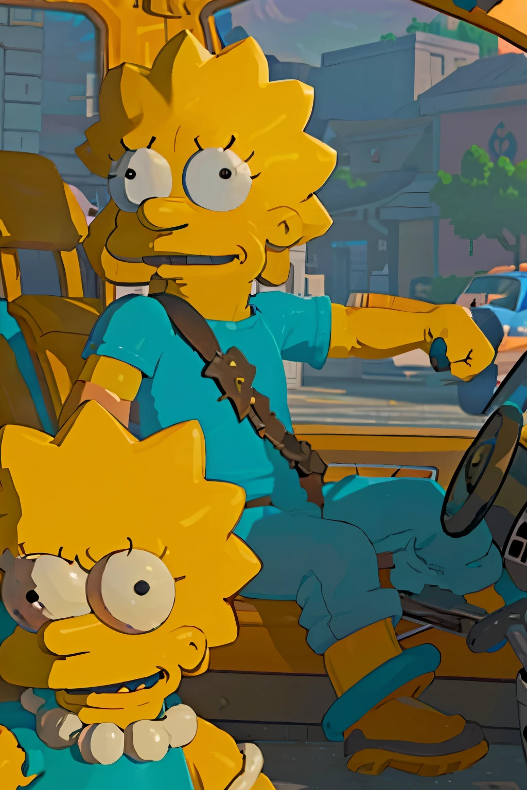 Amidst the chaotic and vibrant animated scene, the iconic duo of the Simpsons and Mario find themselves ensconced within the cramped confines of a jalopy, all the while engaged in an exhilarating firefight with the notorious Mario villain, who looms ominously outside, enveloped in a menacing aura of crackling flame.

The Simpsons, particularly Homer, clutches the steering wheel with white-knuckled determination, his eyes fixed on the malevolent figure as he skillfully maneuvers the vehicle, attempting to evade the villain's relentless barrage of pyrotechnic Projectiles.